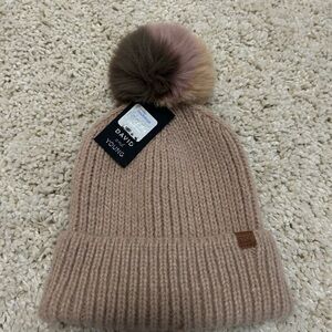 David and Young Tan Beanie with Brown and Pink Pom-Pom